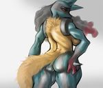  anthrofied back back_turned breasts butt butt_grab female l1zardman looking_at_viewer looking_back lucario mega_evolution mega_lucario muscles muscular_female nintendo nude plain_background pok&#233;mon pok&eacute;mon presenting presenting_hindquarters red_eyes side_boob solo standing thick_thighs video_games white_background wide_hips 