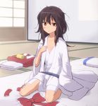  alternate_costume bow brown_eyes brown_hair futon hair_bow hakurei_reimu juban leon_(mikiri_hassha) long_hair long_sleeves looking_at_viewer messy_hair pillow red_eyes revision sitting sleepwear sleepy solo touhou 