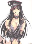  adam_gall aoyama_motoko black_hair black_nails breasts brown_eyes bustier cleavage collar dominatrix elbow_gloves fingerless_gloves fishnets garter_straps gloves hat large_breasts lipstick looking_at_viewer love_hina makeup nail_polish peaked_cap solo thighhighs whip 