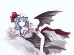  bat_wings blue_hair bow cradle_(artist) hat hat_bow highres lying misaki_kurehito nail_polish on_side red_eyes red_nails remilia_scarlet solo touhou wings 