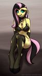  anthro anthrofied bottomless bra breasts clothed clothing collar cutie_mark emo equine female fluttershy_(mlp) friendship_is_magic fur goth hair half-dressed horse legwear long_hair mammal my_little_pony necklace piercing pony sitting skimpy smile solo stockings suddenly-steinberg torn_clothing underwear yellow_fur 