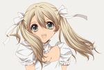  :d bad_id bad_pixiv_id blonde_hair breasts dress fangs gloves grey_background grey_eyes head_tilt long_hair looking_at_viewer misteor open_mouth original simple_background small_breasts smile solo twintails very_long_hair white_dress 