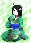  a.ringo araragi_tsukihi black_eyes black_hair fried_egg hair_ornament highres japanese_clothes kimono monogatari_(series) nisemonogatari seiza short_hair sitting solo 