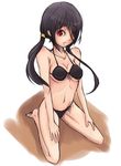  bikini black_bikini black_hair breasts cleavage collaboration colorized date_a_live demstouts front-tie_bikini front-tie_top hair_over_one_eye heterochromia kneeling long_hair looking_at_viewer medium_breasts navel red_eyes simple_background solo swimsuit tokisaki_kurumi twintails underboob white_background yellow_eyes 
