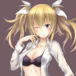  1girl absurdres arimura_hinae black_bra blonde_hair blue_eyes bow bow_bra bra breasts chaos;child cleavage collarbone dress_shirt eyebrows_visible_through_hair floating_hair grey_background hair_between_eyes hair_bow highres long_hair looking_at_viewer medium_breasts one_eye_closed open_clothes open_shirt pink_bow shiny shiny_skin shirt simple_background solo twintails underwear upper_body white_bow white_shirt yakku 