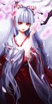  alternate_costume cherry_blossoms flower fujiwara_no_mokou gradient gradient_background hair_flower hair_ornament hair_ribbon highres iseki_(kuroshura_no_tabiji) japanese_clothes kimono lips long_hair looking_at_viewer miko ofuda parted_lips red_eyes ribbon silver_hair solo touhou tree_branch very_long_hair 