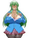  1girl blush breasts cleavage green_hair highres huge_breasts pantyhose school_uniform steam sweat tan tanline umetarou_(shujinko_kidori) vampire wings 