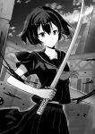  1girl absurdres akame_ga_kill! black_hair black_sailor_collar black_serafuku black_shirt black_skirt collarbone gorogoronemuri greyscale hair_between_eyes highres holding holding_sword holding_weapon katana kurome_(akame_ga_kill!) long_skirt looking_at_viewer monochrome neckerchief outdoors pleated_skirt sailor_collar school_uniform serafuku shiny shiny_hair shirt short_hair skirt solo sword weapon 