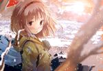  back bag blurry blush branch brown_hair coat depth_of_field field floating_hair hairband kanon light_rays looking_at_viewer mittens outdoors plant red_eyes scenery short_hair snow snowflakes solo sun sunlight sunrise tree tsukimiya_ayu twilight wind wings yae_(mono110) 