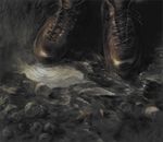  bad_pixiv_id boots cross-laced_footwear from_above grass ground nature no_humans on_ground original puddle ripples rock still_life uruo water 