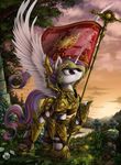  2014 amazing armor cloud equine female flag flagpole friendship_is_magic grass hair horn horse leaf mammal mountain multi-colored_hair my_little_pony outside pillar pony princess_celestia_(mlp) purple_eyes rock sky standing sun sunset tree winged_unicorn wings yakovlev-vad 