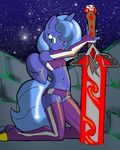  alicorn_amulet anthro anthrofied blue_eyes blue_hair boots clothed clothing elbow_gloves equine female friendship_is_magic gloves hair horn horse kneeling legwear mammal my_little_pony navel outside pony princess_luna_(mlp) revealing_clothes revealing_clothing rock shiny skimpy solo stars stockings sword theburningdonut weapon winged_unicorn wings 