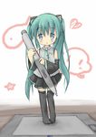  aqua_hair bad_id bad_pixiv_id blue_eyes detached_sleeves drawing_tablet hatsune_miku highres long_hair minigirl mizukusa_aoba necktie oversized_object skirt solo stylus thighhighs twintails vocaloid 