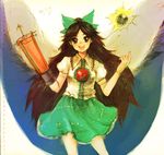  :d arm_cannon black_eyes black_hair black_sun bow green_bow hair_bow long_hair looking_at_viewer open_mouth reiuji_utsuho smile solo sun touhou traditional_media usaki_(ama) weapon 