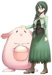  bad_id bad_pixiv_id braid breasts chansey dress gen_1_pokemon green_eyes green_hair hair_over_shoulder large_breasts long_hair momi_(pokemon) momoyama_nozomu pokemon pokemon_(creature) side_braid 