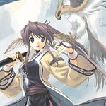  amazuyu_tatsuki animal_ears bird blue_eyes falcon head_wings long_hair lowres non-web_source ponytail purple_eyes purple_hair solo sword touka_(utawareru_mono) utawareru_mono weapon wings 