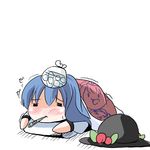  blue_hair chibi fa_no_hito food fruit futon hat hat_removed headwear_removed hinanawi_tenshi ice_pack lowres peach sick solo thermometer touhou 