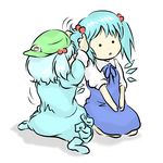  alternate_hairstyle backwards_hat cirno hair_bobbles hair_ornament hat kawashiro_nitori multiple_girls omiya_(louise-louis-lucille) touhou twintails two_side_up 