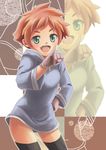  earrings face fang gloves green_eyes hood hoodie jewelry kumatora mother_(game) mother_3 pink_hair pinky_out senntakuya short_hair smile solo thighhighs zettai_ryouiki 