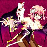 breasts cleavage demon_wings detached_sleeves disgaea fang horns kuze la_pucelle large_breasts maou_prier open_mouth pantyhose prier purple_background red_eyes red_hair translated wings 