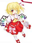  arm_ribbon blonde_hair bow flandre_scarlet hat hat_removed headwear_removed holding holding_hat north_abyssor one_eye_closed open_mouth red_eyes ribbon short_hair smile solo touhou wings wrist_cuffs 