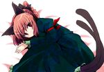  animal_ears bangs bed blush fa_no_hito hair_ribbon kaenbyou_rin lying on_side red_eyes red_hair ribbon solo touhou 