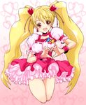  :d bad_id bad_pixiv_id blonde_hair bow choker cure_peach earrings eyelashes fresh_precure! frills hair_ornament heart heart_hair_ornament heart_hands jewelry kannagi_kaname long_hair magical_girl momozono_love open_mouth pink_bow pink_choker precure red_eyes skirt smile solo twintails 