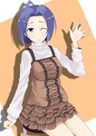  bad_id bad_pixiv_id blue_eyes blue_hair frills ice_(doragon) idolmaster idolmaster_(classic) idolmaster_2 miura_azusa one_eye_closed short_hair solo stool sweater waving 