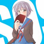  blush book brown_eyes hozumi_takashi kita_high_school_uniform nagato_yuki purple_hair school_uniform serafuku short_hair solo suzumiya_haruhi_no_yuuutsu 