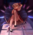  bed blonde_hair flandre_scarlet hat heart heart_wings looking_at_viewer lying on_back ponytail pumps red_eyes short_hair side_ponytail solo thighhighs touhou white_legwear wings yasumo_(kuusouorbital) 