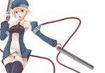  beret blazblue blonde_hair bolverk detached_sleeves dress dual_wielding gloves green_eyes gun handgun hat holding necktie noel_vermillion panties pantyshot short_dress short_hair solo souzan_kurasuke striped striped_panties thighhighs underwear weapon 