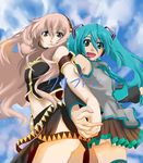  aqua_eyes aqua_hair back-to-back blue_eyes day detached_sleeves disso hatsune_miku holding_hands lion_(macross_frontier) long_hair macross macross_frontier megurine_luka midriff multiple_girls navel necktie open_mouth parody pink_hair pleated_skirt skirt sky smile thighhighs twintails vocaloid 