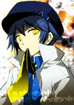  androgynous cabbie_hat hat kamiyoshi_rika mouth_hold necktie persona persona_4 reverse_trap shirogane_naoto solo yellow_eyes 