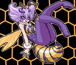  antennae bee_girl blush breasts feet great_magami honeycomb_(pattern) honeycomb_background insect_girl insect_wings large_breasts monster_girl oekaki pantyhose purple_eyes purple_hair q-bee short_hair solo vampire_(game) wings 
