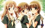  braid brown_eyes brown_hair cropped fukuzawa_yumi highres holding_hands long_hair maria-sama_ga_miteru multiple_girls non-web_source open_mouth shimazu_yoshino short_hair souryuu toudou_shimako twintails wallpaper 