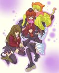  3girls blonde_hair brown_hair child crown hair_bobbles hair_ornament mammon maria_(umineko) multiple_girls red_hair sakutarou skirt stakes_of_purgatory thighhighs umineko_no_naku_koro_ni ushiromiya_ange yoshiro_(446) zettai_ryouiki 