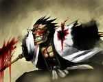  artist_request black_hair bleach blood eyepatch grin haori highres japanese_clothes male_focus mouth_scar scar scar_across_eye smile solo sword taichou_haori weapon zaraki_kenpachi 