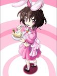  animal_ears bow brown_hair bunny_ears cake eating food foreshortening from_above inaba_tewi mary_janes north_abyssor pastry pink_eyes ribbon shoes short_hair solo touhou 