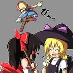  ? alice_margatroid bad_id bad_pixiv_id blonde_hair bloomers boots braid broom brown_hair clothes_theft detached_sleeves hair_ribbon hairband hakurei_reimu hat kirisame_marisa knee_boots multiple_girls ribbon short_hair theft touhou umumu_(pilcre) underwear underwear_theft witch_hat 