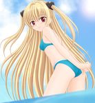  arms_behind_back bikini blonde_hair day konjiki_no_yami lens_flare long_hair miracle! red_eyes smile solo swimsuit to_love-ru two_side_up very_long_hair wading water 