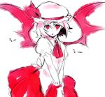  bat_wings hat looking_at_viewer monochrome red red_eyes remilia_scarlet short_hair sketch slit_pupils solo touhou usaki_(ama) v_arms wings wrist_cuffs 