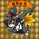  bikkuriman black_wings brown_hair camera chibi fan hat hauchiwa looking_at_viewer red_eyes shameimaru_aya short_hair solo tokin_hat touhou wabi_(wbsk) wings 