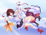  animal_ears bad_id bad_pixiv_id brown_hair detached_sleeves fan geta hat hauchiwa holding_hands inubashiri_momiji multiple_girls orange_eyes pico_(picollector79) red_eyes shameimaru_aya short_hair silver_hair socks tengu-geta tokin_hat touhou wolf_ears 