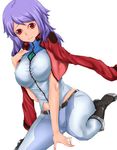  anew_returner belt boots breasts celestial_being_uniform gundam gundam_00 jacket jacket_on_shoulders large_breasts midriff purple_hair red_eyes rokuichi sitting solo uniform 