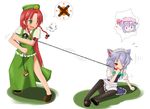  animal_ears bad_id bad_pixiv_id braid chain collar dog_ears green_eyes hair_ribbon hat hong_meiling izayoi_sakuya kemonomimi_mode long_hair maid multiple_girls pantyhose red_eyes red_hair ribbon silver_hair touhou twin_braids umumu_(pilcre) 