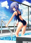  ass blue_hair chain-link_fence cloud competition_swimsuit day fence hino_minato_(spec.c) long_hair looking_back one-piece_swimsuit original pool pool_ladder purple_eyes sky solo starting_block swimsuit water wet 