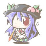  aoblue blue_hair chibi food fruit hat hinanawi_tenshi long_hair one_eye_closed peach red_eyes solo sword sword_of_hisou touhou weapon 