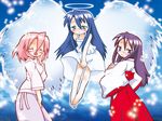  angel angel_wings barefoot blue_eyes blue_hair closed_eyes green_eyes halo hiiragi_miki izumi_kanata japanese_clothes long_hair lucky_star mature miko multiple_girls non-web_source pink_hair purple_hair short_hair takara_yukari wings 