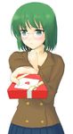  atsukan blush copyright_request gift glasses green_eyes green_hair heart holding holding_gift letter solo 