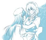  blue hair_ribbon hat hong_meiling hug izayoi_sakuya maid maid_headdress monochrome multiple_girls negom ribbon short_hair smile touhou yuri 